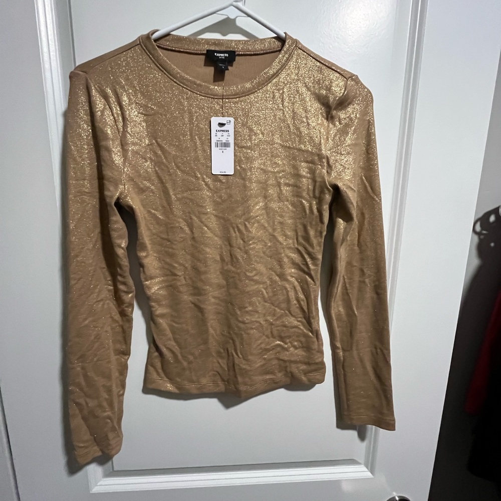 Gold Shine Fitted Ribbed Crew Neck Long Sleeve Tee